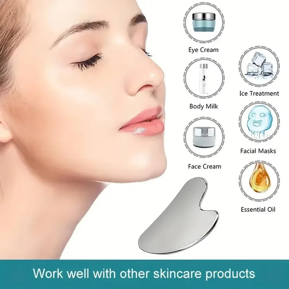 3PCSFacial cleansing tool set, stainless steel heart-shaped gua sha board, ice roller, silicone facial brush