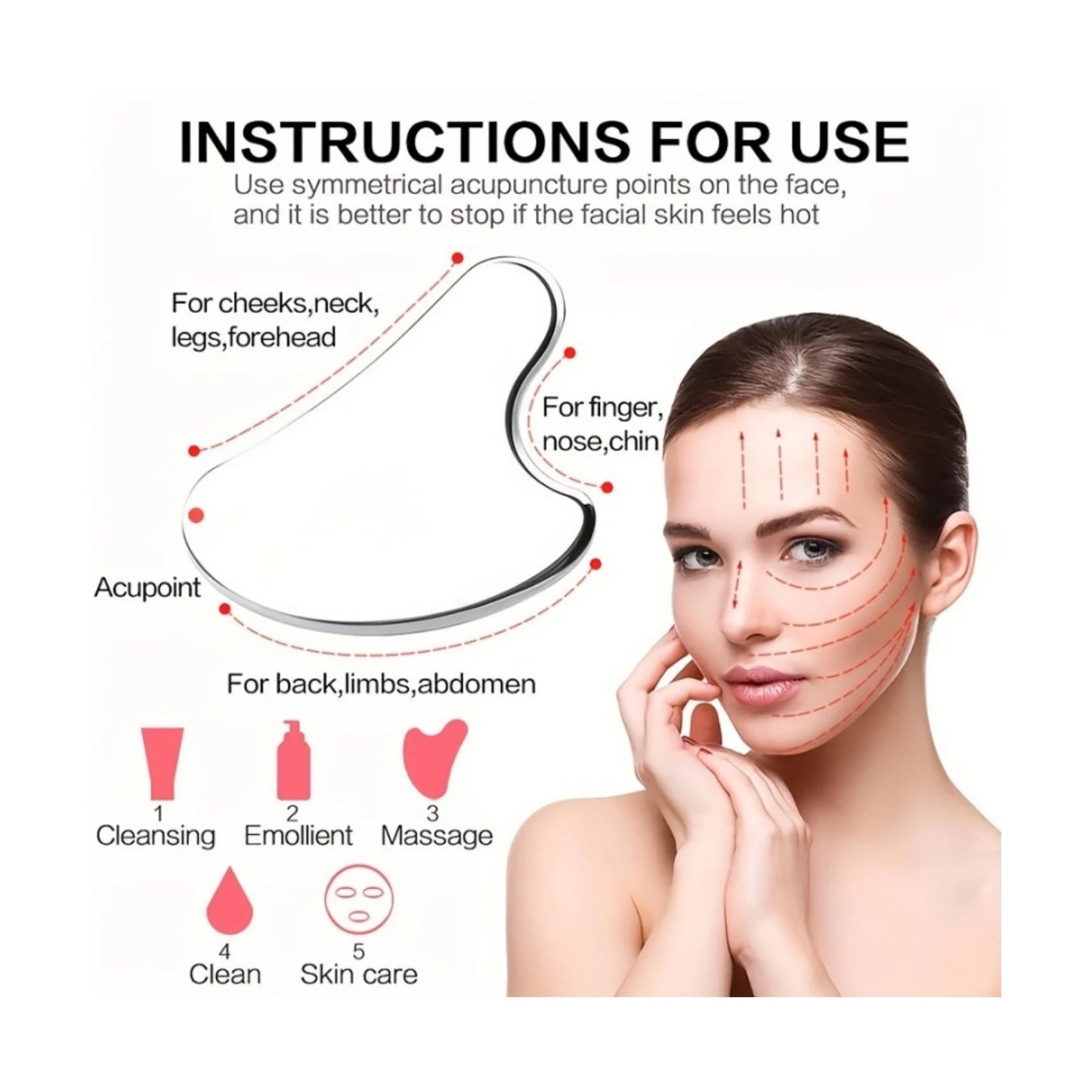 3PCSFacial cleansing tool set, stainless steel heart-shaped gua sha board, ice roller, silicone facial brush