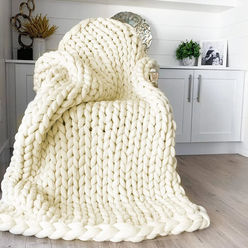 Hand Chunky Knitted Blanket Thick Yarn Merino Wool Bulky Knitting Throw Blankets Throw Carpets Soft Warm Winter Home Sofa Bed