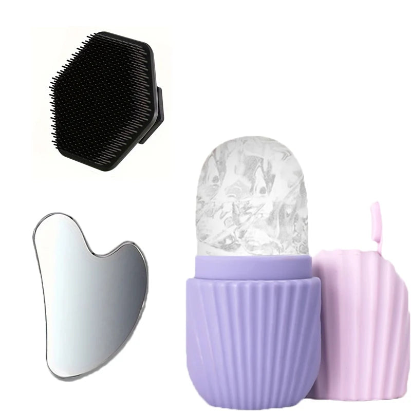 3PCSFacial cleansing tool set, stainless steel heart-shaped gua sha board, ice roller, silicone facial brush