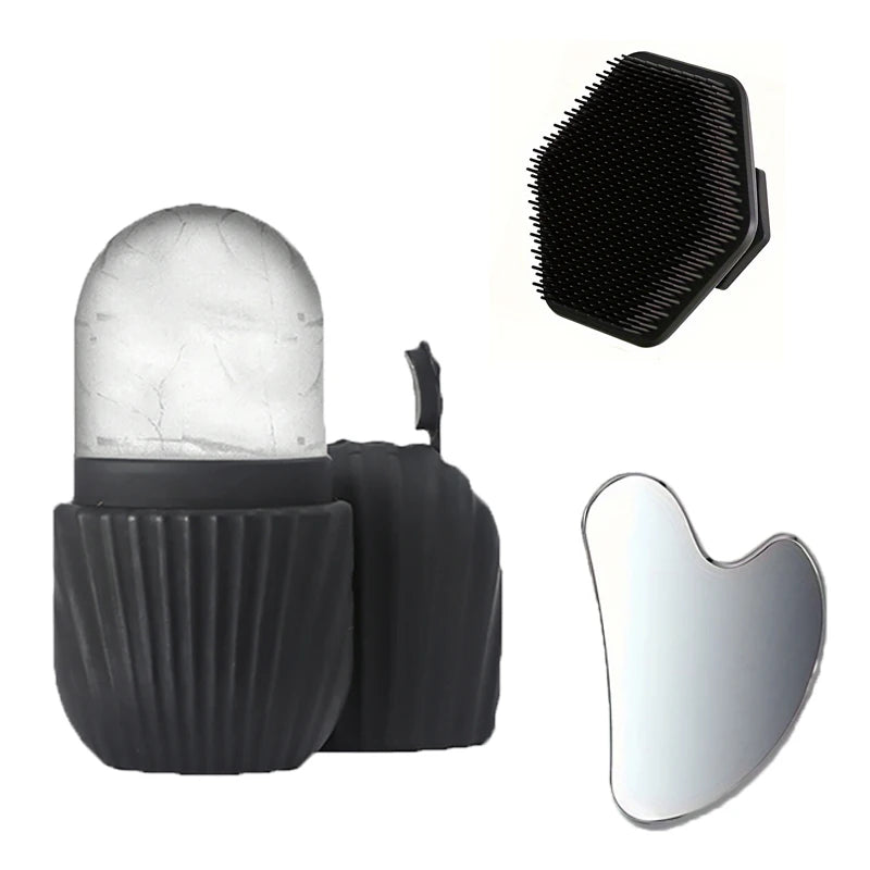 3PCSFacial cleansing tool set, stainless steel heart-shaped gua sha board, ice roller, silicone facial brush