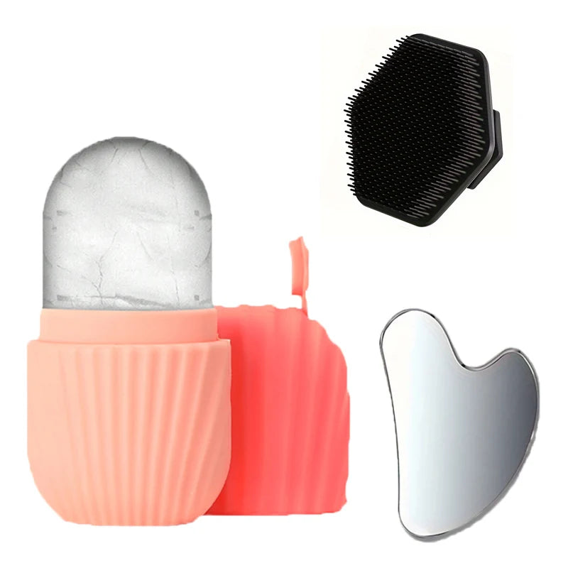 3PCSFacial cleansing tool set, stainless steel heart-shaped gua sha board, ice roller, silicone facial brush